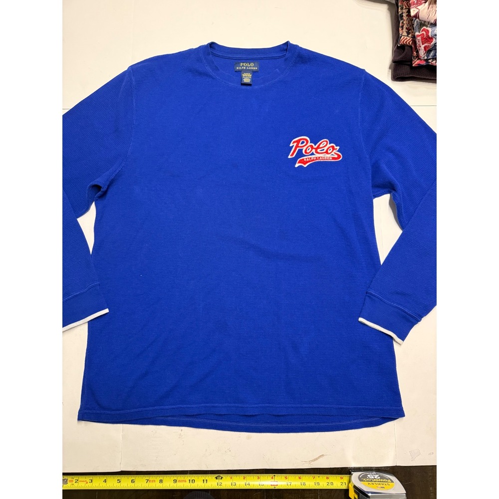 Polo Ralph Lauren Mens 2XL Blue Waffle Knit Thermal Long Sleeve Sleep Shirt Logo